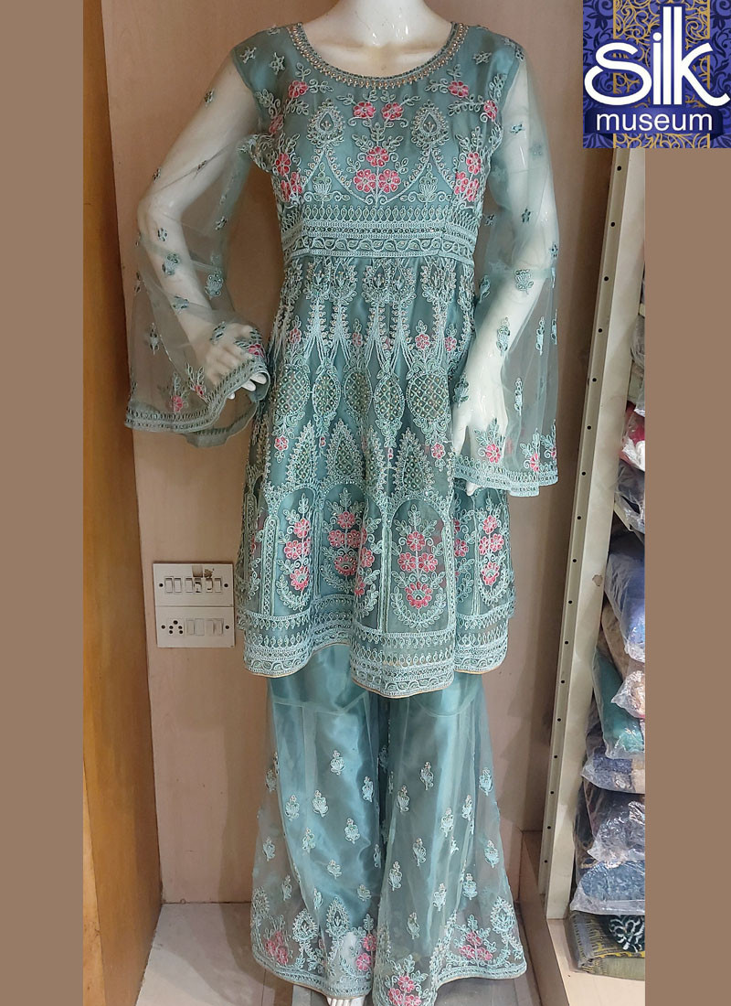 Sea - Green Color Palazzo Style Gharara In Net Fabric