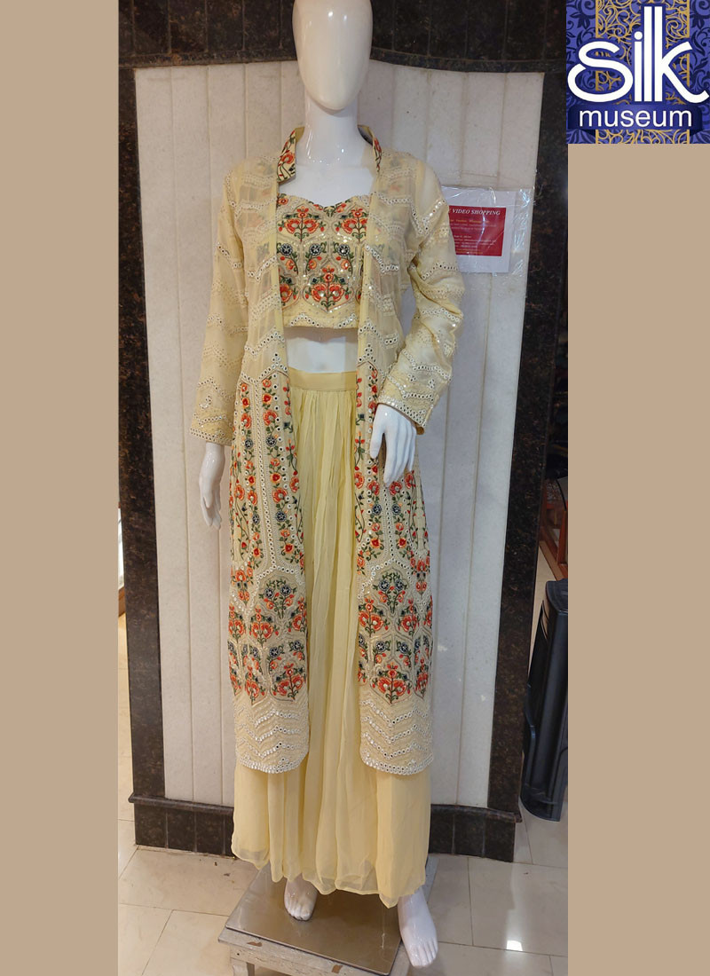 Lemon Yellow Color Jacket Style Palazzo In Georgette