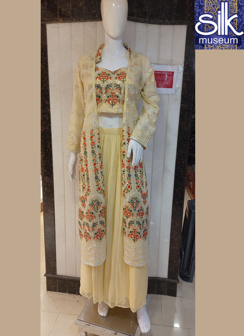 14604 Lemon Yellow Color Jacket Style Palazzo In Georgette