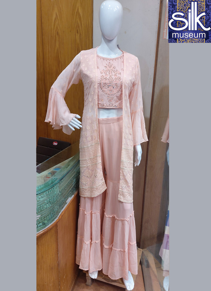 Peach Color Jacket Style Palazzo Gharara in Georgette
