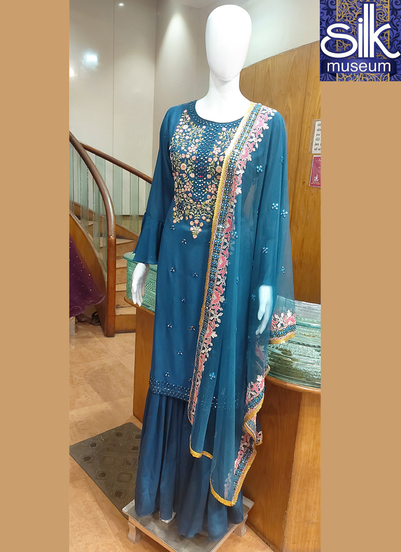 Morpich Color Palazzo WIth Multi Resham in Georgette