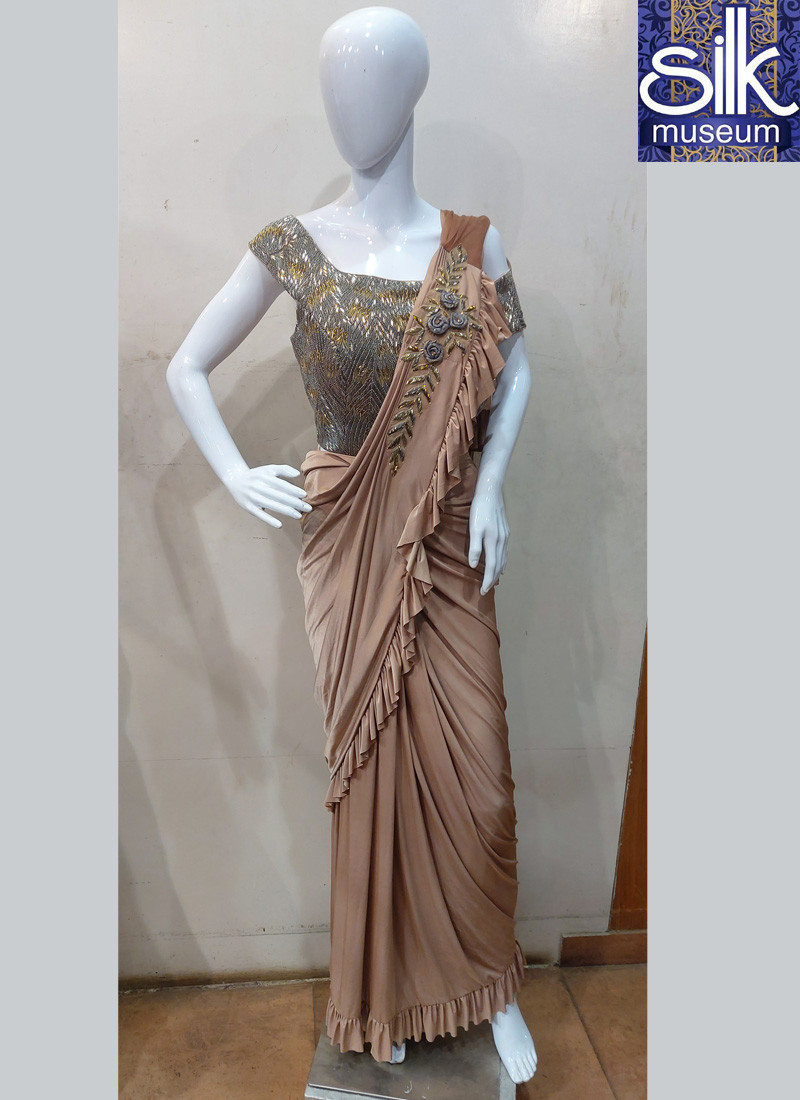 14614 Ready To Wear Saree in Beige Color With Oxidize Hand Work