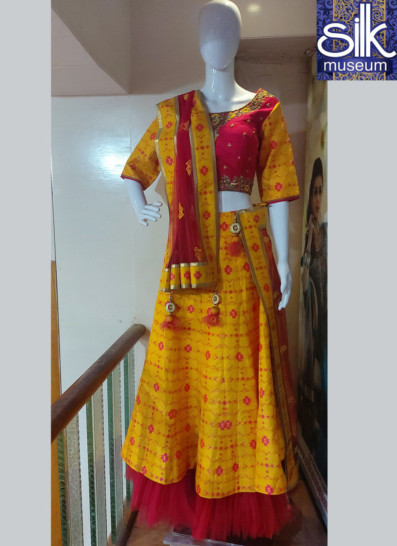 Frills Lehenga Choli In Yellow And Red Color With Hand Work