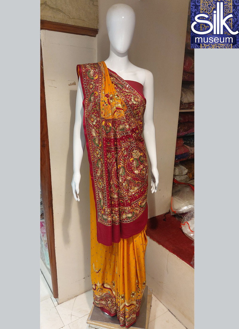 14623 Pure Gaji Silk Saree In Maroon & Mustard Color Hand Work