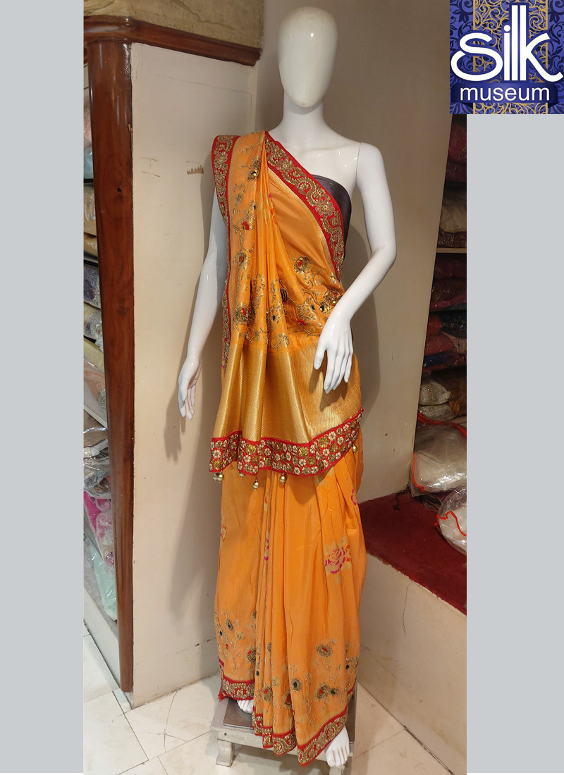14624 Pure Silk Saree In Peach And Red Color With Hand Work