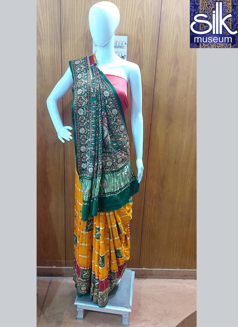 Pure Gaji Silk Saree In Mustard And Green
