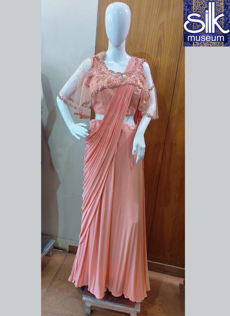 14629 Designer Cap Style Ready To Wear Saree In Pink Color Lycra