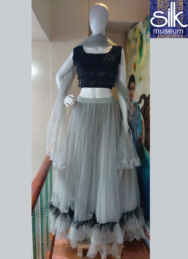 14635 Designer Crop Top In Gray And Black Color Net
