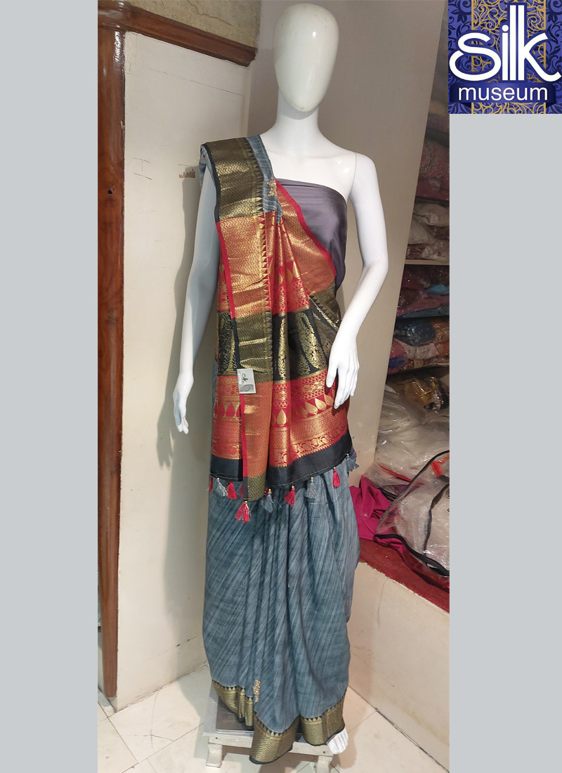 14642 Gray And Black Color Pure Silk Saree