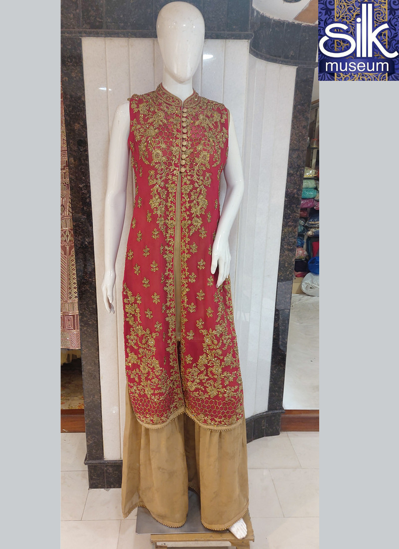14648 Palazzo Gharara Rani And Gold Color Georgette