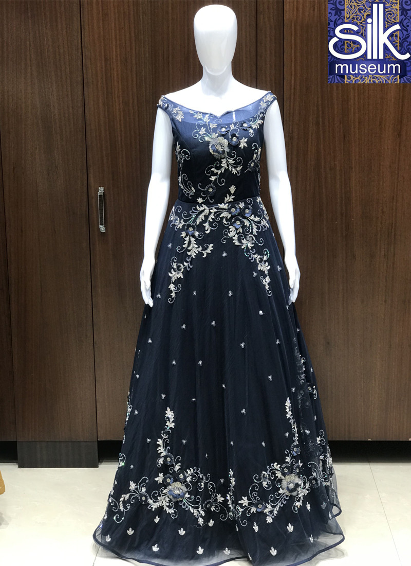 14651 Navy Blue Color Designer Wedding Gown In Hand Work