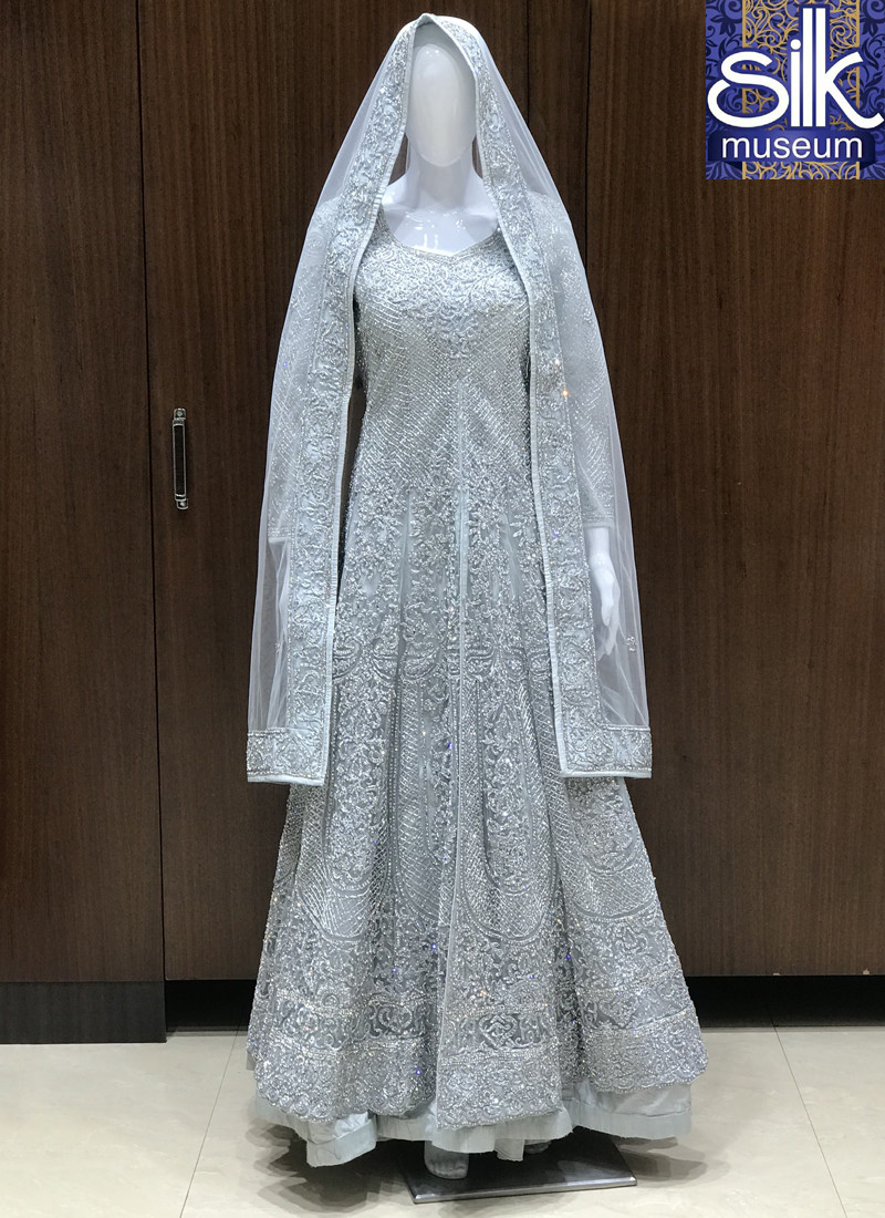 14653 Metallic Grey Color Designer Front Cut Gown