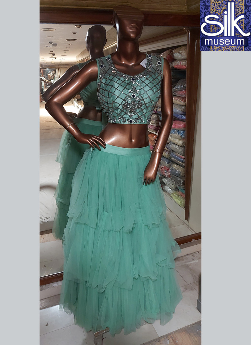 14662 Sky Blue Color Net Designer Crop Top