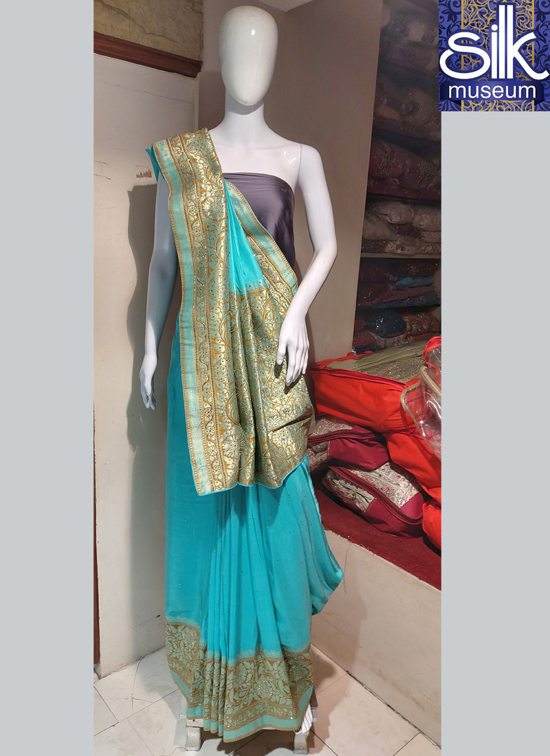 Sky Blue Color In Silk Hand Work