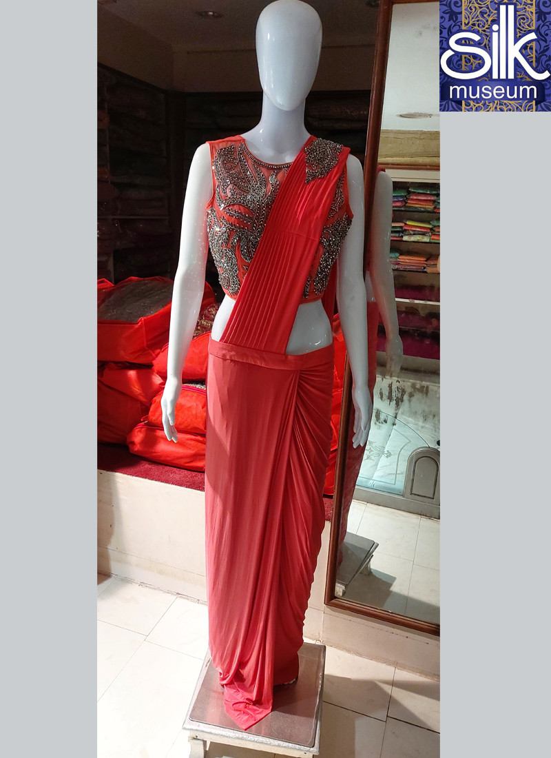 14665 Ready To Wear Saree in Red Color With Oxidize Hand Work