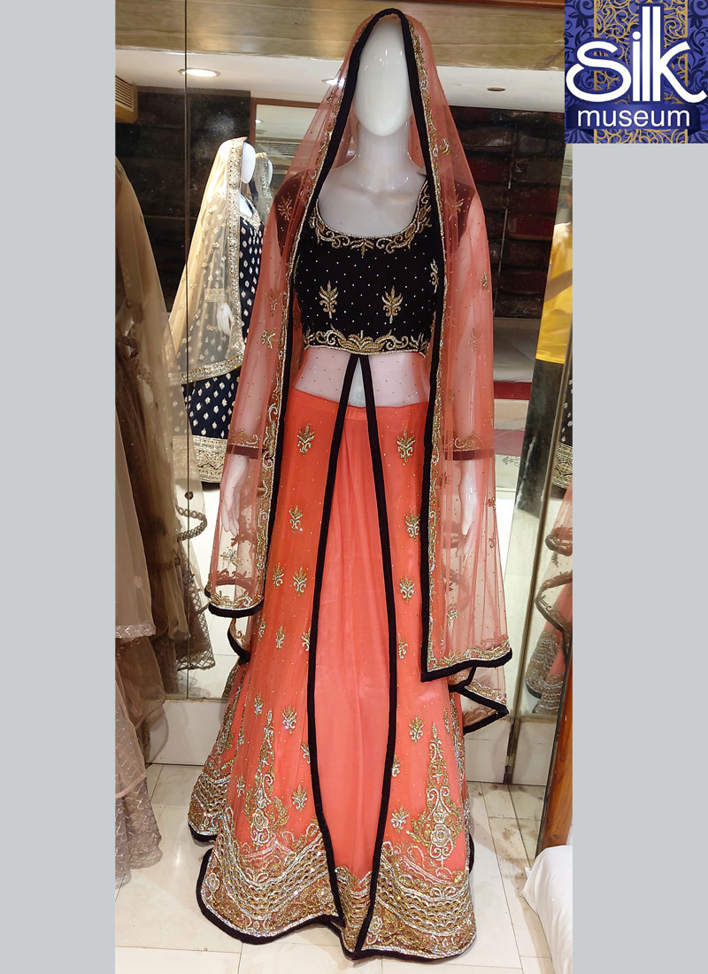 14668 Indo-Western In Blue With Peach In Net Fabric Hand Work