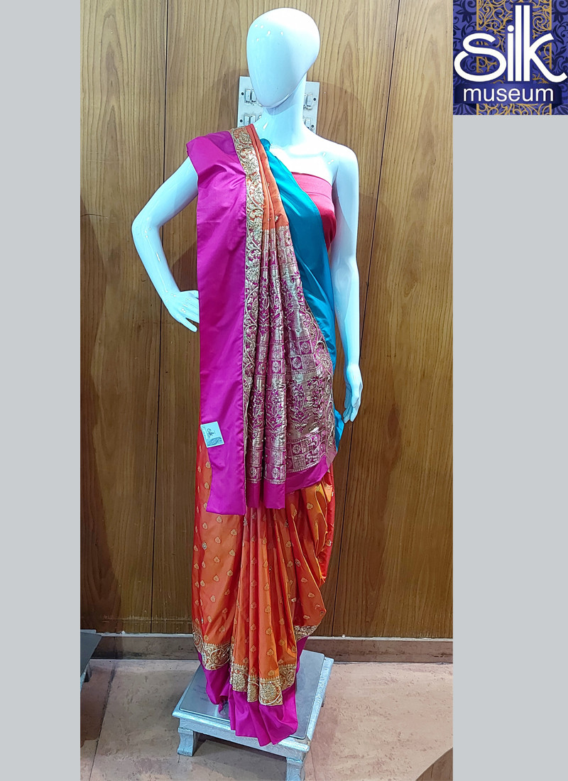 14673 Pure Silk Saree In Pink And Orange Hand Work