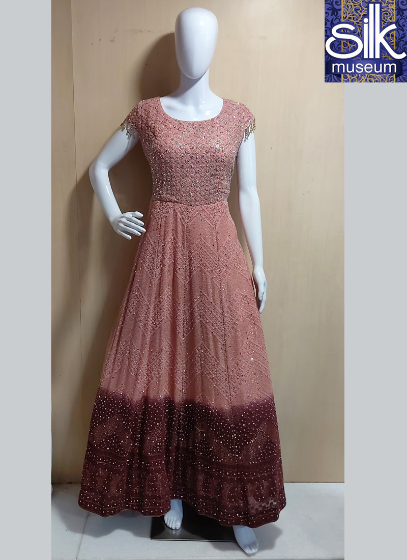 Lucknowi Gown Combination With Peach & Maroon In Georgette