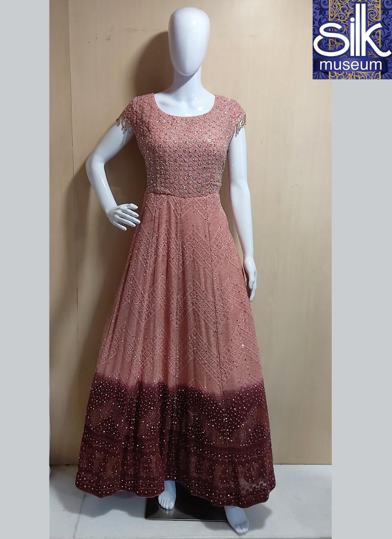 14679 Lucknowi Gown Combination With Peach & Maroon In Georgette