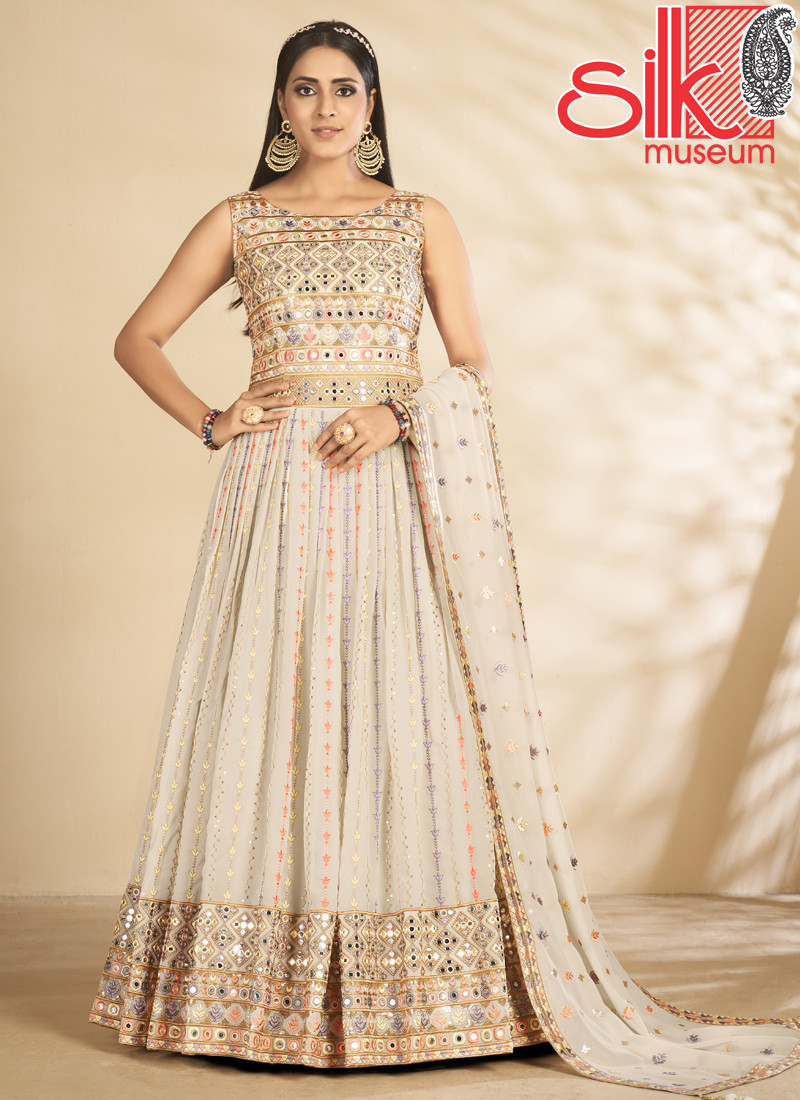 14688 Beautiful Off White Gown With Threads & Sequins Work