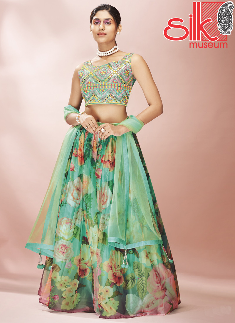 14690 Beautiful Green Lehenga Choli With Mirror Thread & Sequins Work