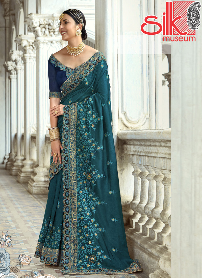 14694 Heavy Embroidery Work Designer Art Silk Teal Blue Sarees
