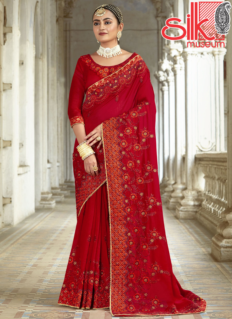 14695 Heavy Embroidery Work Designer Art Silk Red Sarees