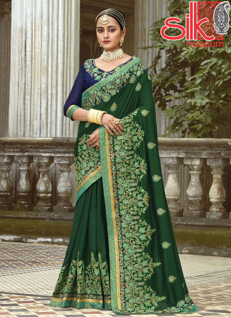 14696 Heavy Embroidery Work Designer Art Silk Green-Blue Sarees