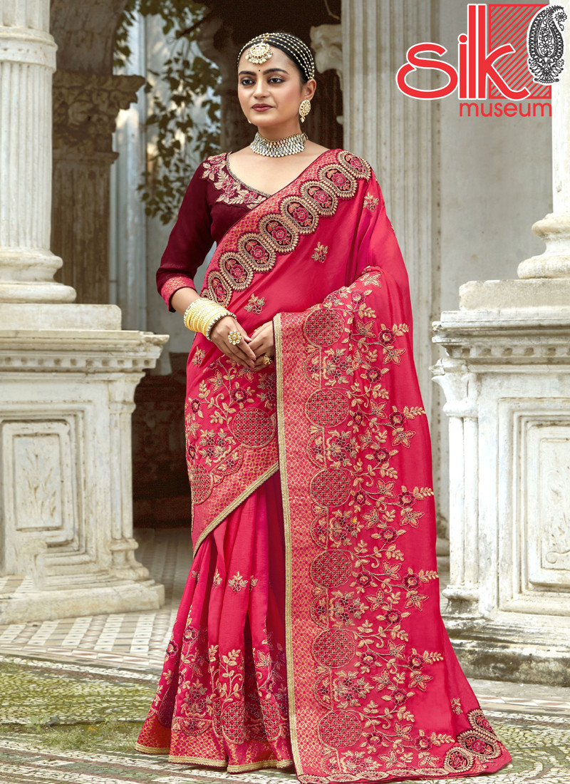 14697 Heavy Embroidery Work Designer Art Silk Pink-Maroon Sarees