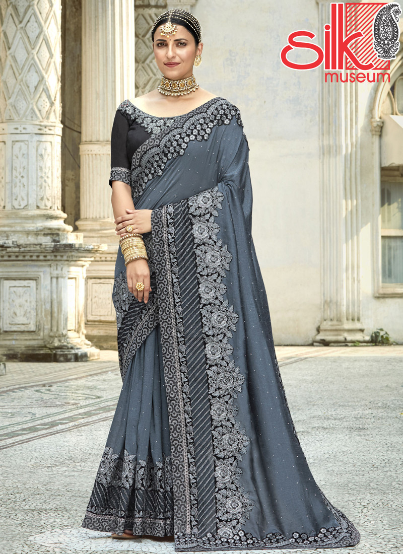 14698 Heavy Embroidery Work Designer Art Silk Grey-Black Sarees