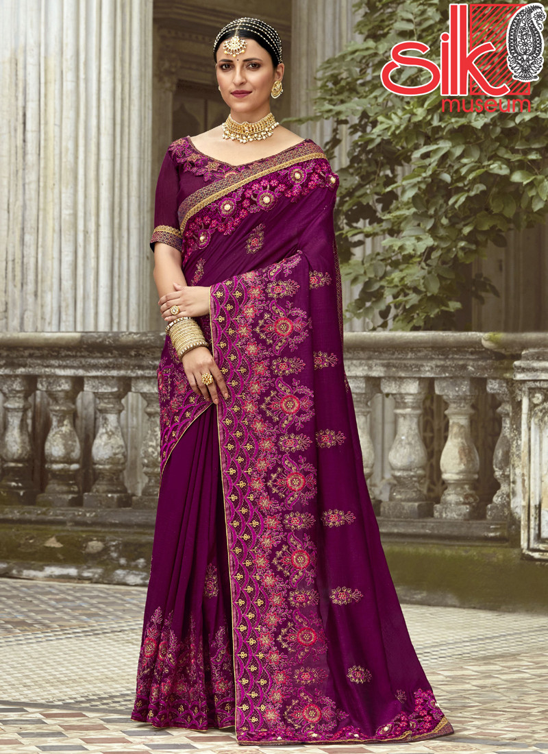 14699 Heavy Embroidery Work Designer Art Silk Purple Sarees