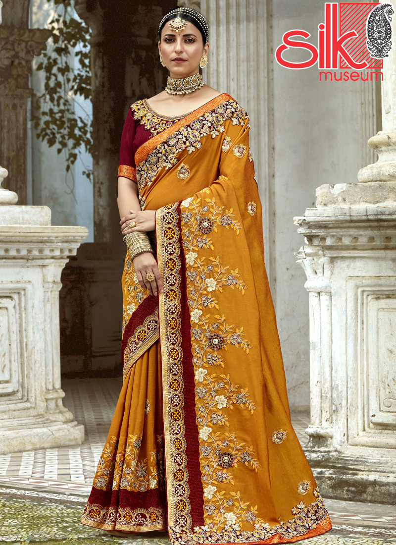 14700 Heavy Embroidery Work Designer Art Silk Mustard-Maroon Sarees