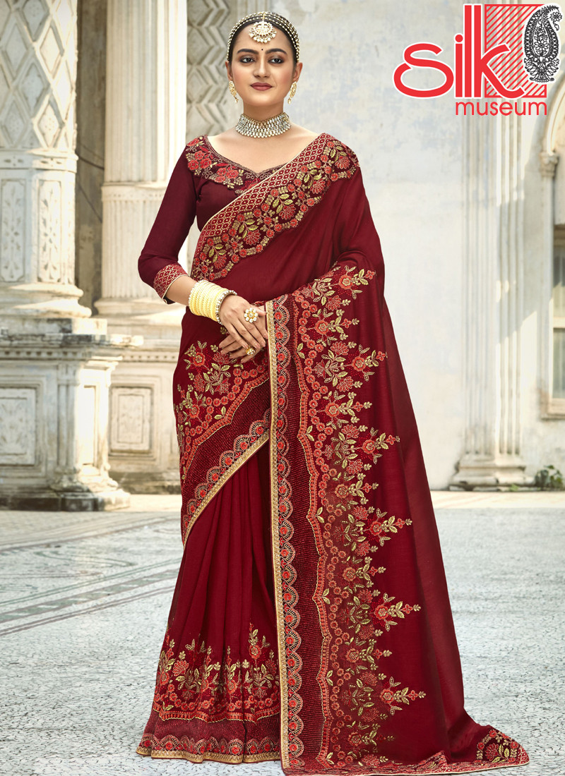 14701 Heavy Embroidery Work Designer Art Silk Maroon Sarees