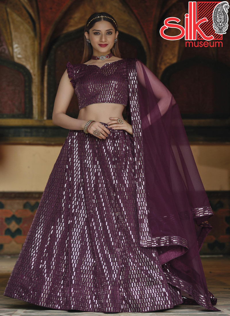 14703 Heavy Sequence Embroidery Work Wine Lehenga-Choli