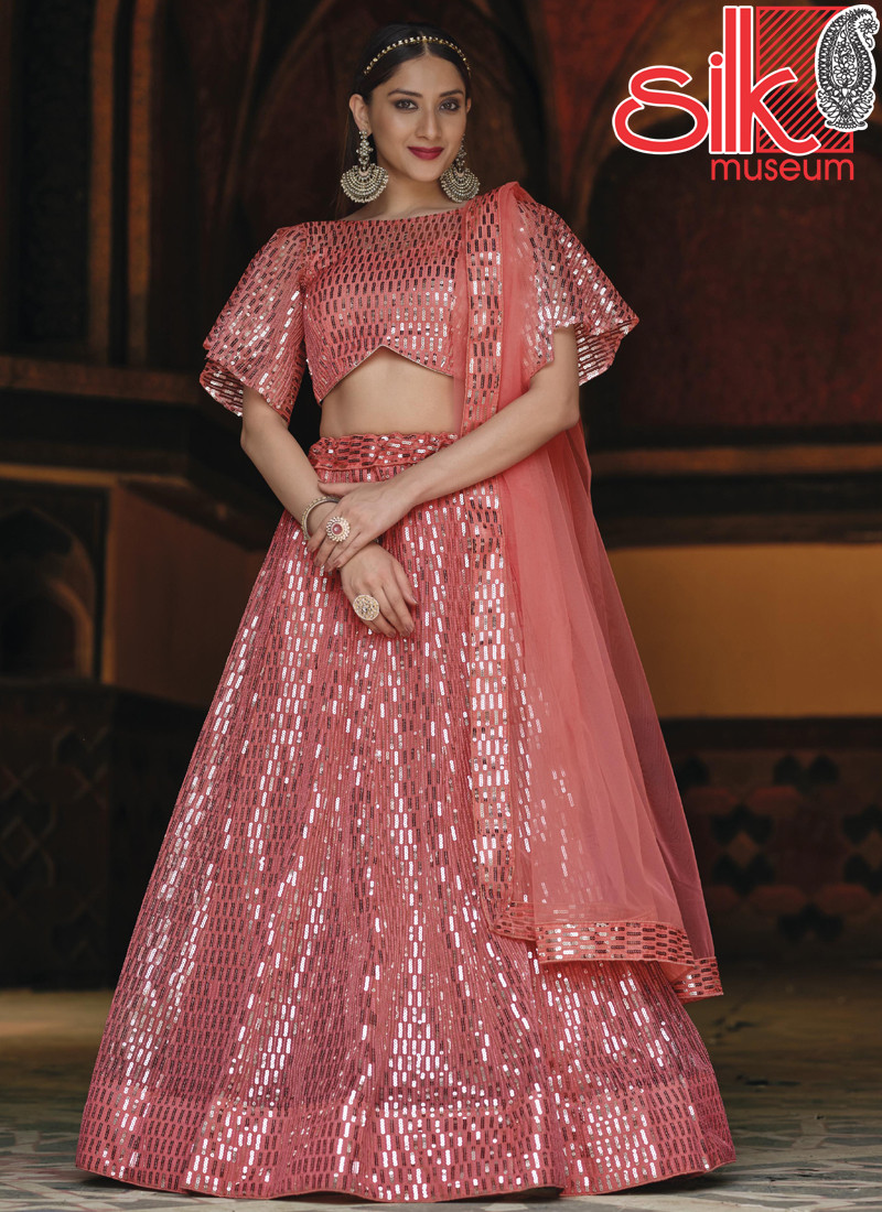 Heavy Sequence Embroidery Work Peach Lehenga-Choli