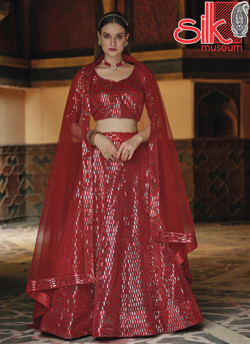 14706 Heavy Sequence Embroidery Work Rust Lehenga-Choli