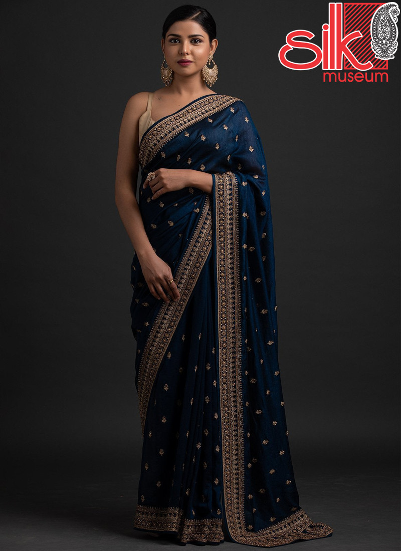 14708 Navy-Blue Art-Silk Gota Sarees With Dori Sequins Stone Work