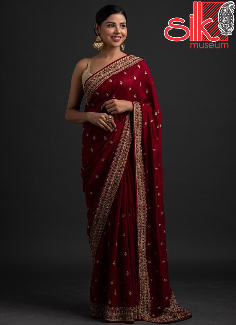 14709 Maroon Art-Silk Gota Sarees With Dori Sequins Stone Work