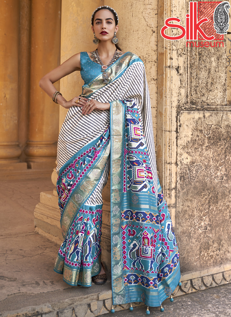 14713 Beautiful Sky-Blue Semi-Patola Sarees