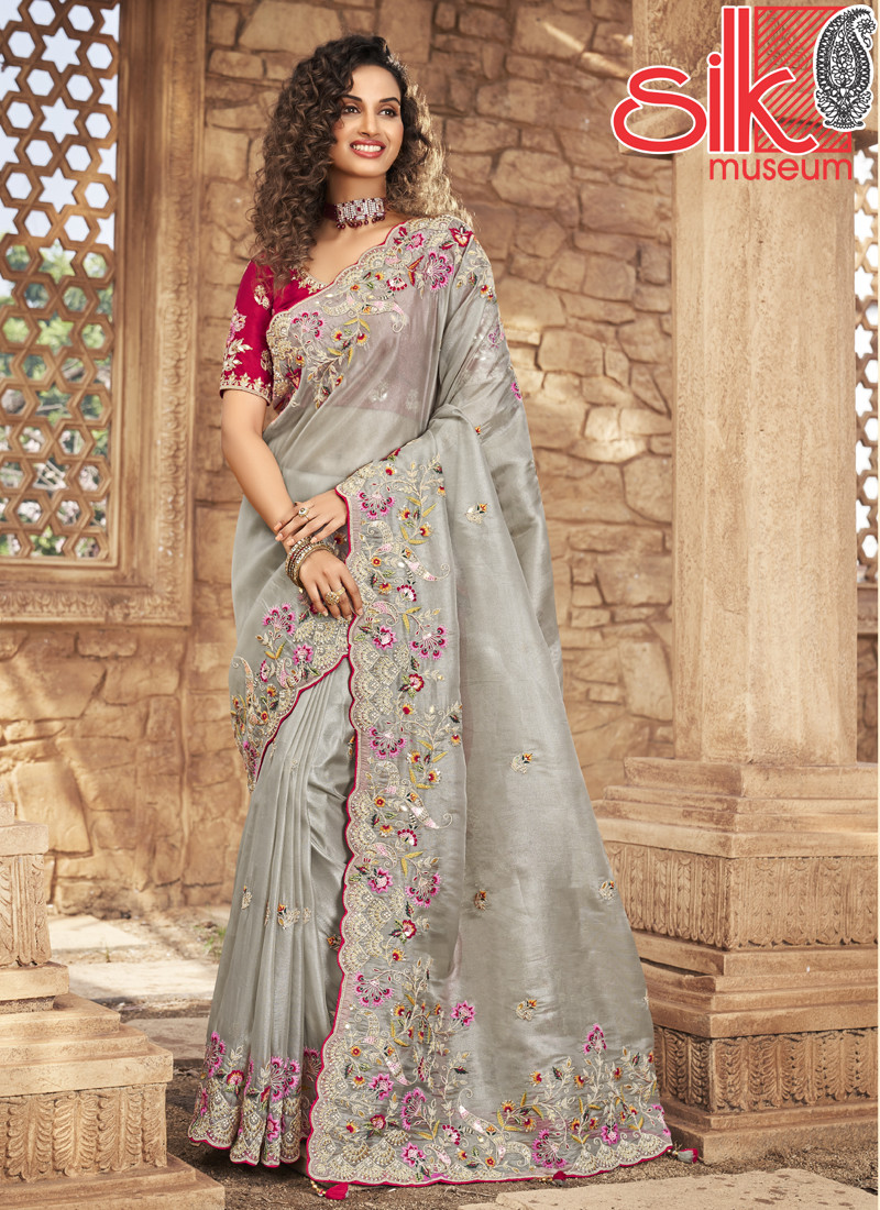 14719 Organza Net With Gota-Patti Work Silver Sarees