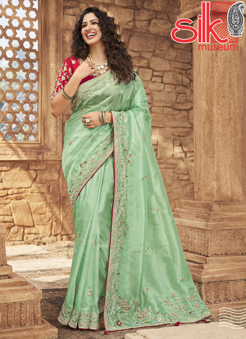 14722 Organza Net With Gota-Patti Work Green Sarees