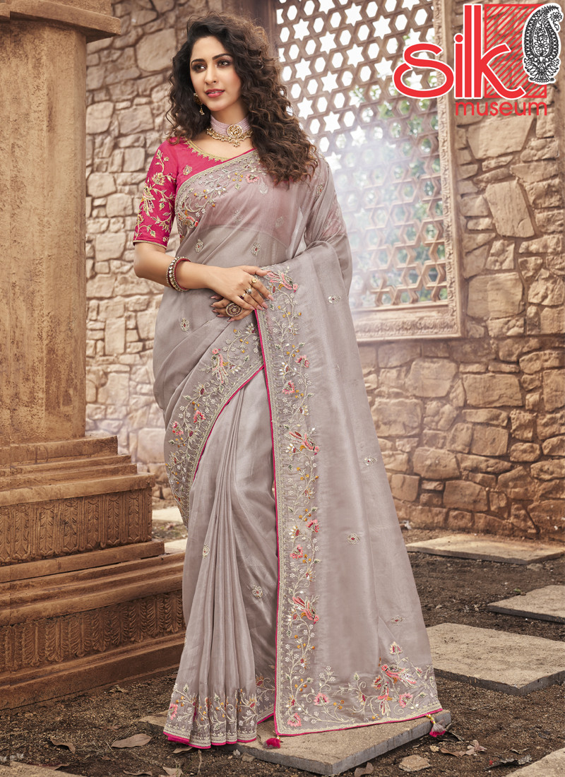 14724 Organza Net With Gota-Patti Work Grey Sarees