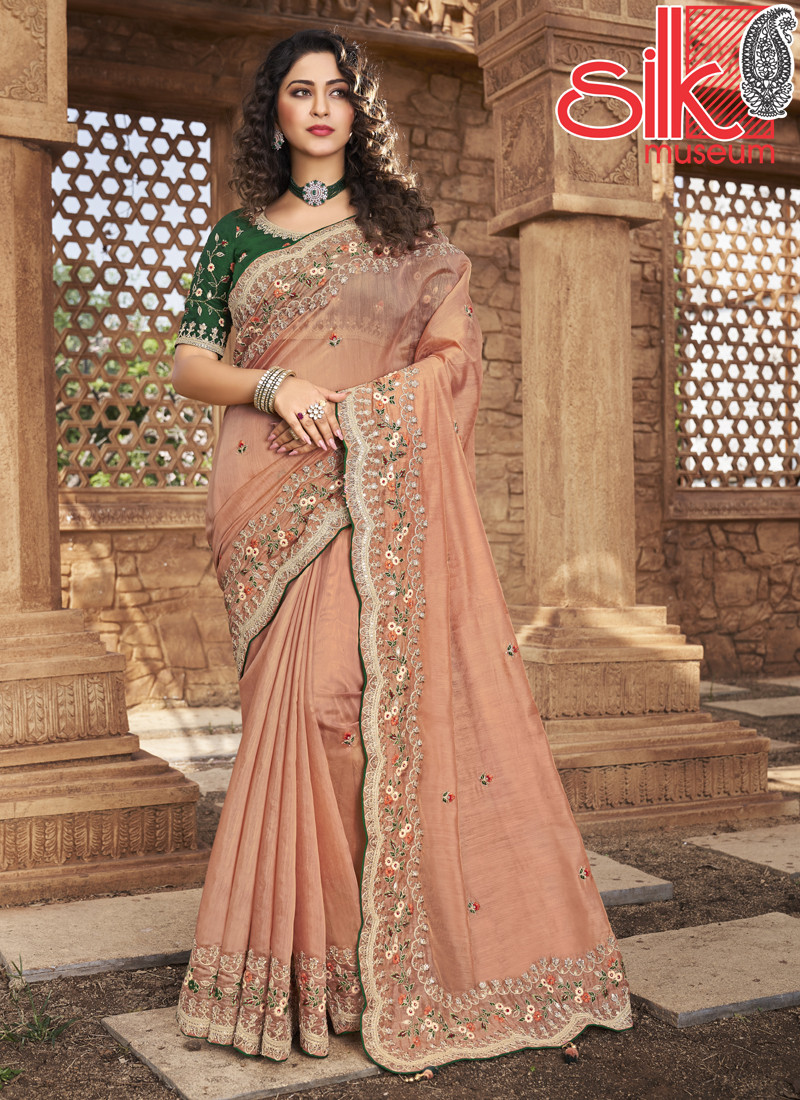 14725 Organza Net With Gota-Patti Work Peach Sarees