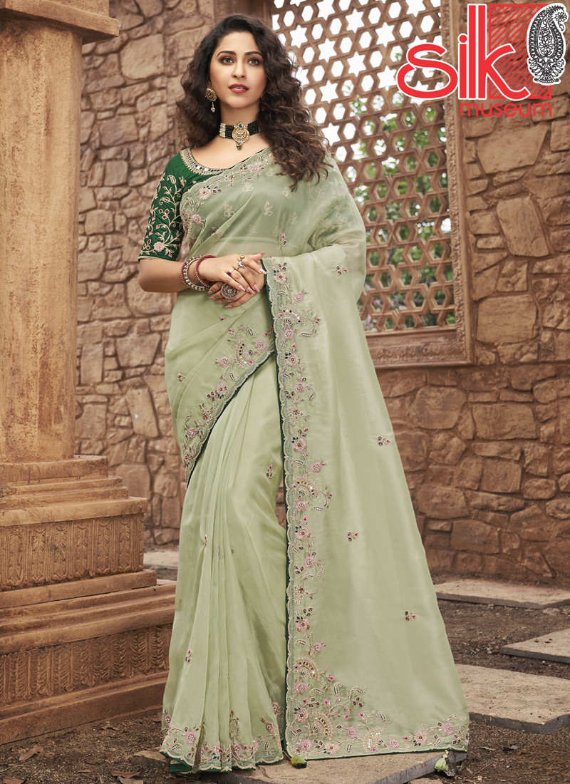 14726 Organza Net With Gota-Patti Work Sea-Green Sarees