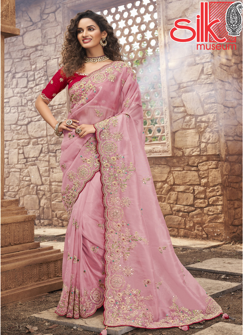 14727 Organza Net With Gota-Patti Work Baby-Pink Sarees