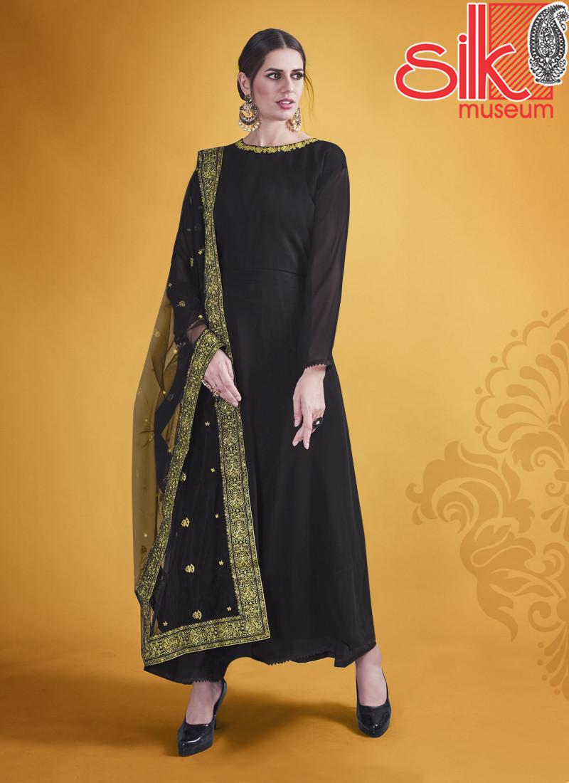 14728 Black Georgette Semi Stitched Suit With Zari, Sequins Work