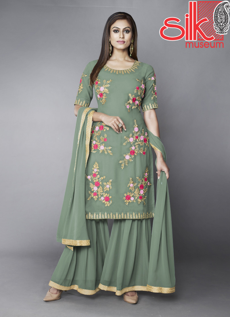 14729 Pista Green Semi Stitched Suits Georgette With Thread,Zari & Sequins Work