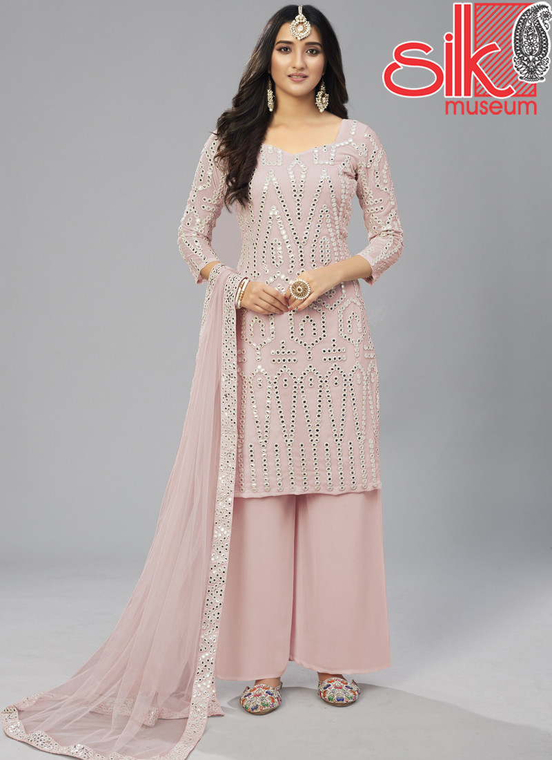 14730 Baby Pink Georgette Semi Stitched With Thread & Foil Mirror Work