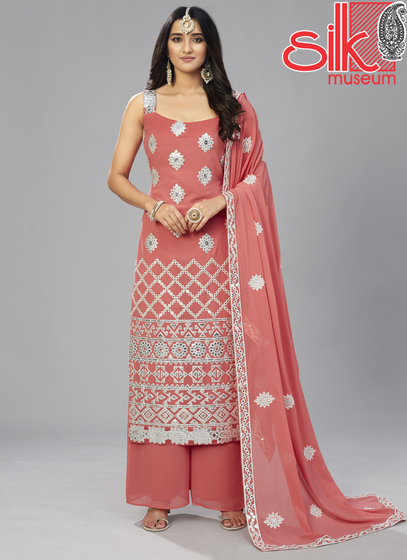 14731 Orange Semi Stitched Suit With Thread & Foil Mirror Work