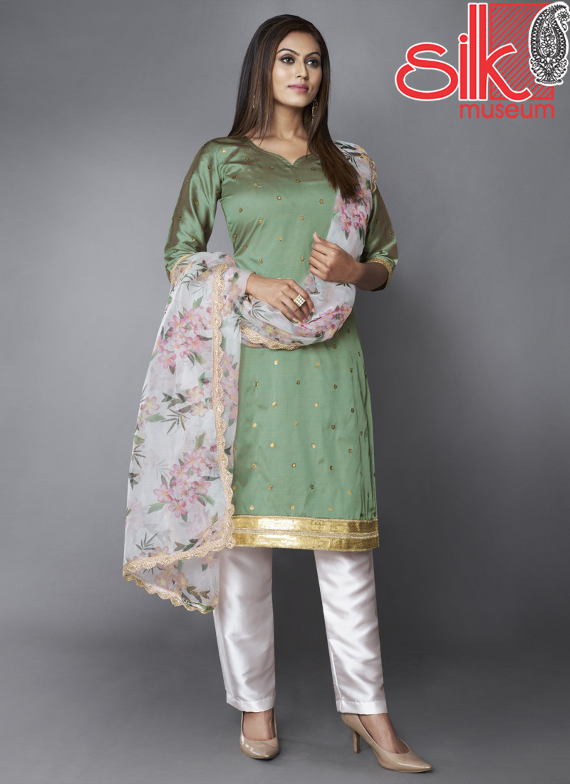 14732 Olive Green Art Silk Suit With Sequins & Printed Work